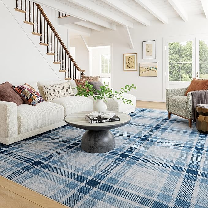 Dash & Albert Andri Plaid Blue Machine Washable Rug, 4 X 6 Feet, Blue/White Plaid Pattern