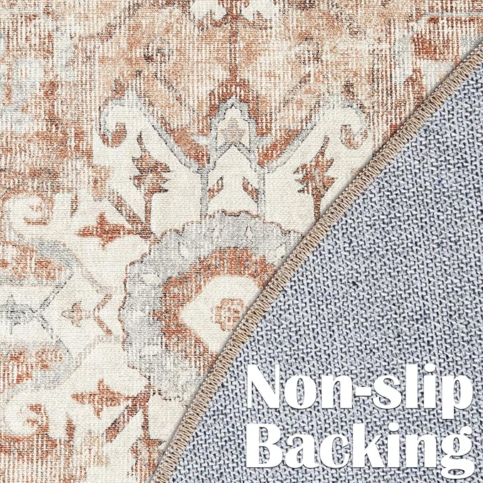 jinchan Kelda Round Rug 4ft Washable Area Rug Indoor Vintage Floor Cover Distressed Circle Mat 4' Round Lightweight Non Slip Low Pile Thin Carpet for Entryway Kitchen Living Room Bedroom Brick Red