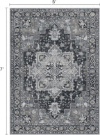 5x7 Area Rugs for Living Room, Machine Washable Rug, Non Slip Vintage Rugs, Low Pile Lightweight Print Rug for Bedroom, Dining Room, Home Office, Dark Gray