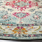 SAFAVIEH Monaco Collection Area Rug - 3' Round, Light Blue & Fuchsia, Boho Chic Medallion Distressed Design, Non-Shedding & Easy Care, Ideal for High Traffic Areas in Living Room, Bedroom (MNC243J)