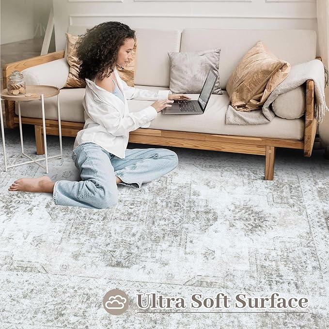 Area Rug 9x12 Living Room Rug, Machine Washable Vintage Distressed Medallion Rug Non-Slip Soft Low Pile Large Indoor Rugs for Bedroom Kitchen Dining Room Office(Taupe,9'x12')