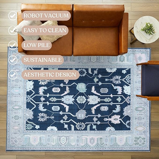 Fame Living Navy Blue Oushak Rug, Modern, Vintage, Turkish, Eclectic, Floral, Pastel, Washable, Area Rugs for Living Room, Dining, Bedroom, Nursery, Girls, Boys, 5'9"x8'9"
