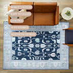 Fame Living Navy Blue Oushak Rug, Modern, Vintage, Turkish, Eclectic, Floral, Pastel, Washable, Area Rugs for Living Room, Dining, Bedroom, Nursery, Girls, Boys, 5'9"x8'9"