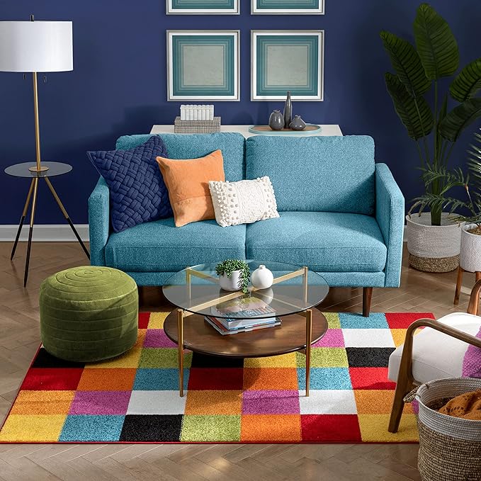 Well Woven Modern Rug Squares Multi Geometric Accent Area Rug (3'3" x 5') Entry Way Bright Kids Room Kitchn Bedroom Carpet Bathroom Soft Durable Area Rug