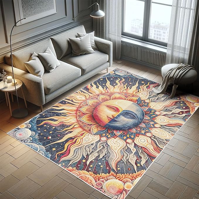 Ambesonne Sun and Moon Decorative Rug, Modern Esoteric Celestial Lunar Motif with Boho Paisley Details, Quality Carpet for Bedroom Dorm and Living Room, 2' 2" x 3' 7", Pale Orange Indigo Beige