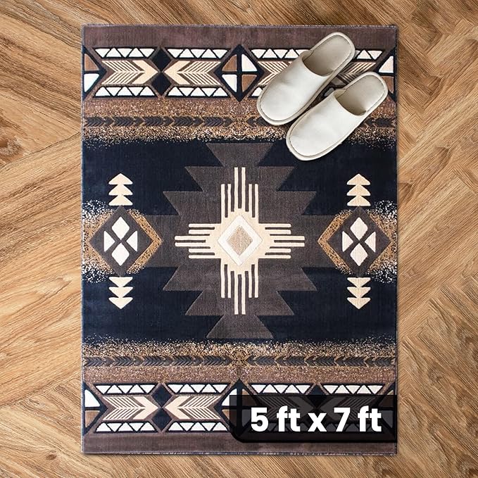YHSF South West Native American Area Rug C318 - Easy Clean, Thick, Soft, Durable Native Tribal American Indian Inspired Rug for Bedroom/Living Room and More - Black, 5 Feet x 7 Feet