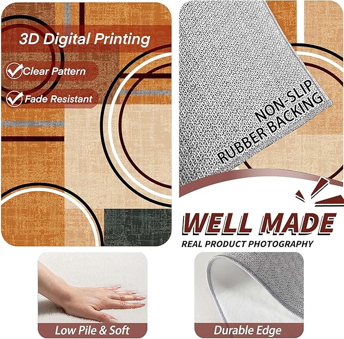 Modern Wavy Circles Area Rug 3x5ft, Geometric Design Low Pile Carpet, Soft & Non-Slip Washable Mat for Living Room, Bedroom, Dining Room