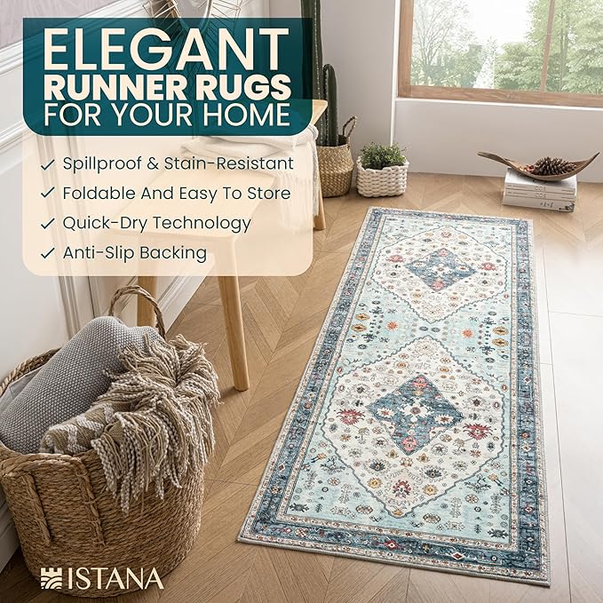 Istana Hallway Runner Rug 2.5x8 – White Cream/Blue Entryway Rug -Silk's Soft Touch Runners for Hallways - Stylish Kitchen Runner Rug Non Slip