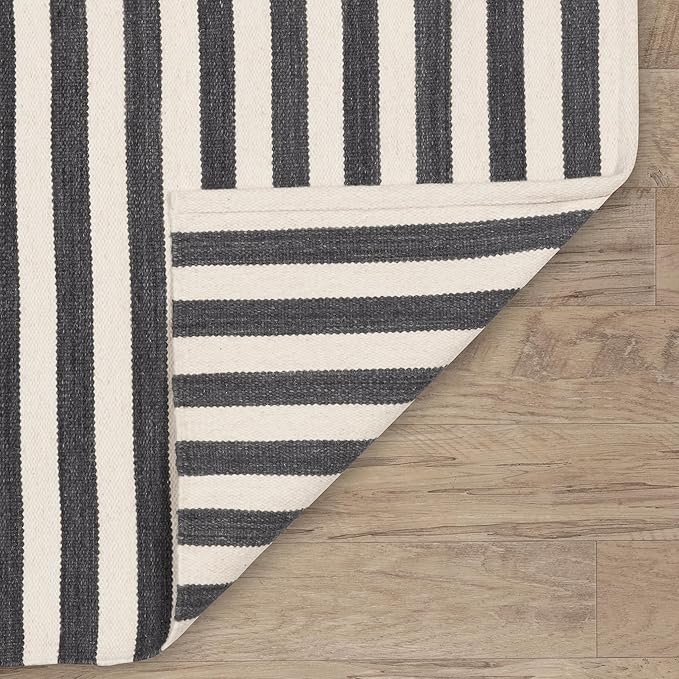 Home Conservatory Ladder Stripe Black/Ivory Handwoven Wool 2.5 X 8 Feet, Black/Ivory Stripe Pattern