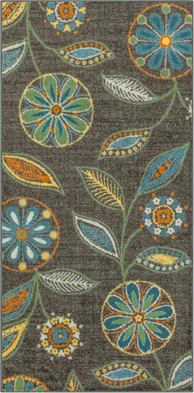 Maples Rugs Reggie Floral Runner Rug - Made in USA - Washable, Non Slip Indoor Carpet for Kitchen, Hallway, and Laundry Room, 2'6" x 5', Dark Grey