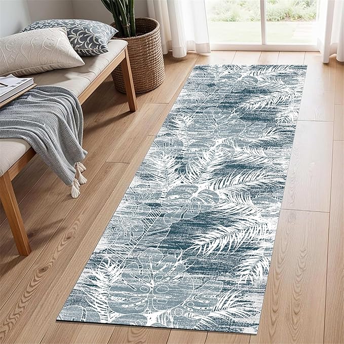 Blue White Tropical Runner Rug 2x6ft - Indoor Outdoor Non-Shedding Washable Carpet, Soft Durable Floor Mat for Patio, Hallway, Kitchen, Living Room