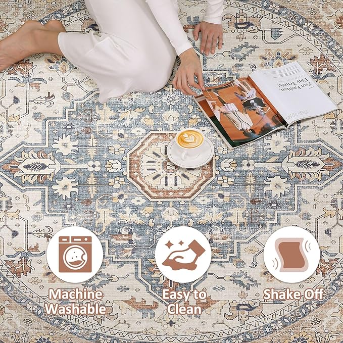 Round Rug Living Room Rugs: 6Ft Washable Boho Neutral Large Circle Soft Indoor Distressed Stain Resistant Floor Farmhouse Carpet for Bedroom Nursery Kids Playroom Office Dining Room Dorm- Beige Blue
