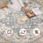 Round Rug Living Room Rugs: 7x7 Washable Boho Neutral Large Circle Soft Indoor Distressed Stain Resistant Floor Farmhouse Carpet for Bedroom Nursery Kids Playroom Office Dining Room Dorm- Beige Blue