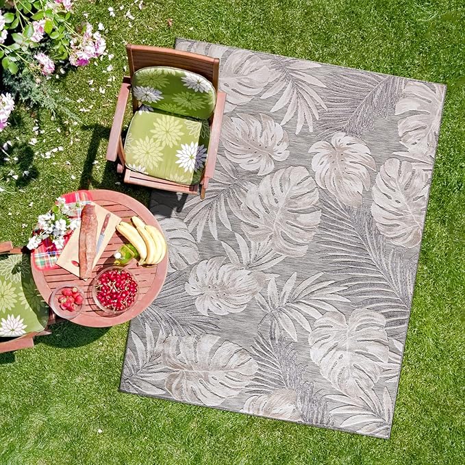 CAMILSON Indoor Outdoor Rug, Beige 6’x9’ Leaf Tropical Botanical Area Rugs for Indoor and Outdoor patios, Easy-Cleaning Non-Shedding Living Room, Garden and Kitchen Washable Outside Carpet (6x9)