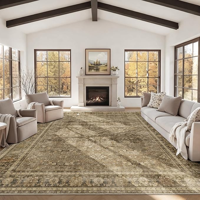 HelloTree Washable Rugs 9x12 Area Rug for Living Room, Vintage Boho Brown Rug Non Slip Carpet Retro Accent Indoor Mat Print Distressed Low Pile Throw Large Rug for Office Dining Room Bedside-Brown