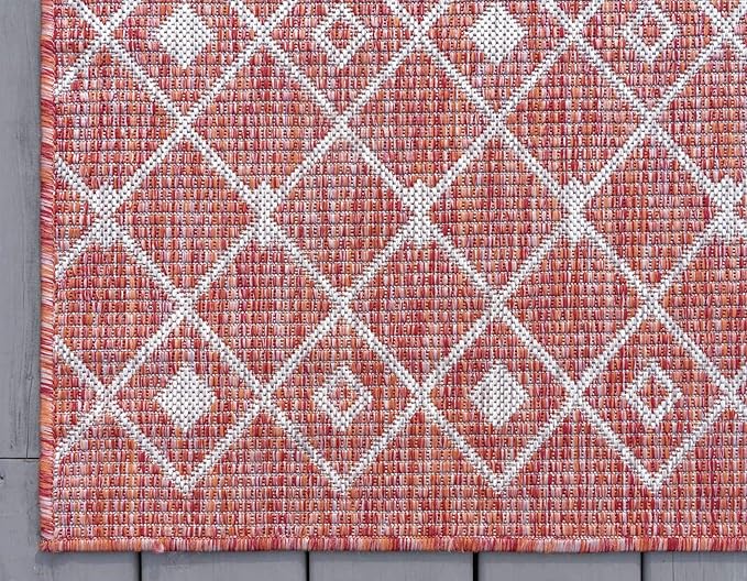 Unique Loom Outdoor Trellis Collection Area Rug - Tribal Trellis (9' x 12' Rectangle, Rust Red/ Ivory)