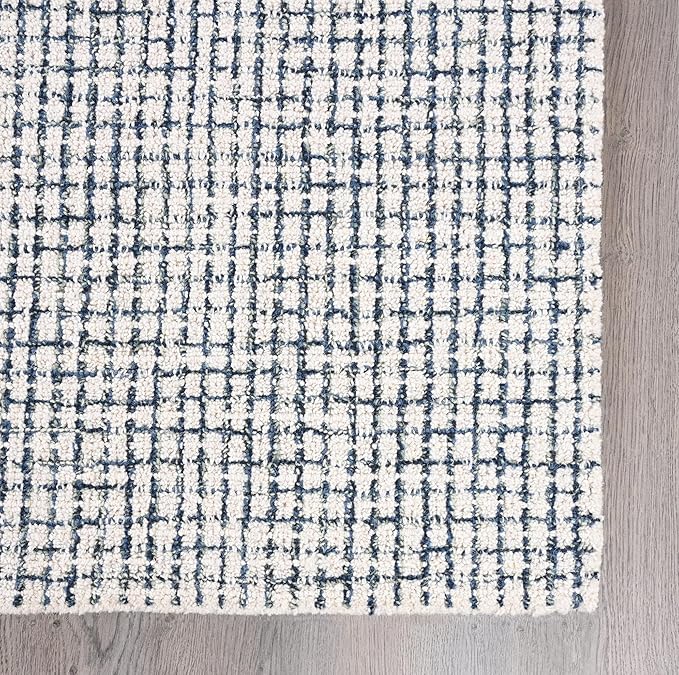Hand-Tufted 100% Wool Pile Area Rug – Geometric Textured Grid Check Pattern – Thick and Durable Floor Carpet for Bedroom, Living Room, Kids Room, and Dining Area (Ivory, Denim, 6' x 6')