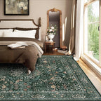 6x9 Floral Washable Area Rug for Living Room, Vintage Boho Rugs for Bedroom Dining Room, Botanical Birds Non Slip Low Pile Forest Throw Carpet for Farmhouse Office, Retro Green/Blue