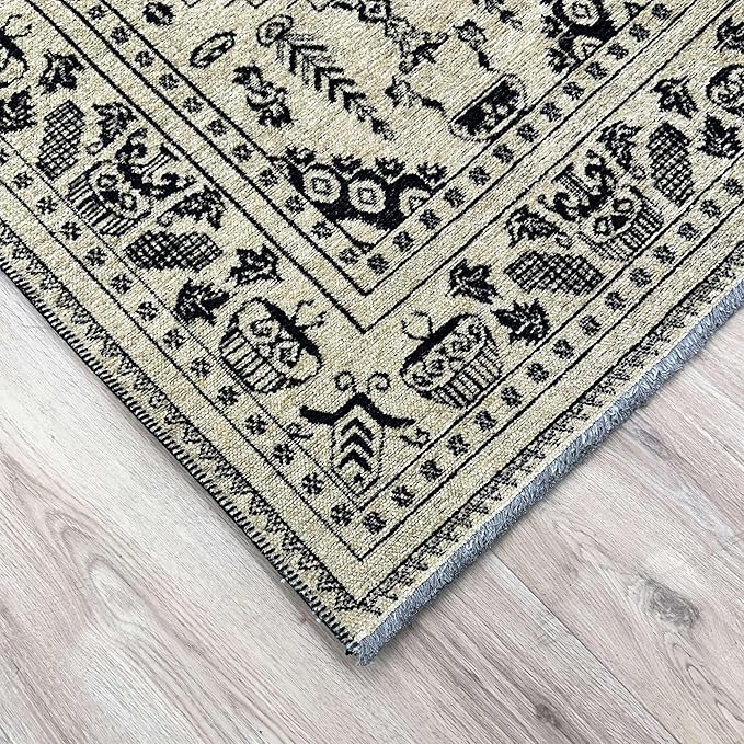 Alfa Rich 5x8 Beige Black Washable Area Rugs for Living Room Bedroom Kitchen Dining Cotton Rug