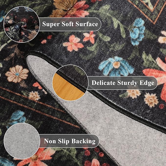 DOKINO 2x10 Runner Rug for Hallway, Vintage Washable Long Kitchen Rug with Low Pile Design, Floral Non Slip Soft Carpet Runner for Hallway, Kitchen, Bathroom, Bedroom, Black