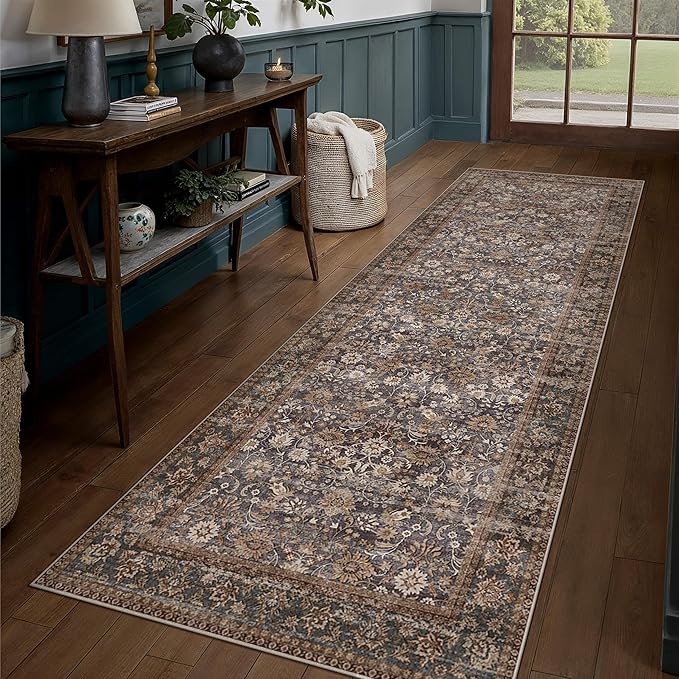 HUGEAR 3x8 Runner Rug Machine Washable Tradition Brown Hallway Area Rug Indoor Accent Rugs Floral Low Pile Carpet Soft Throw Rugs Bedroom Living Room Office Dining Kitchen Laundry Non Slip