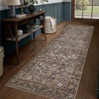 HUGEAR 2x6 Runner Rug Machine Washable Tradition Brown Hallway Area Rugs Indoor Accent Rugs Floral Low Pile Carpet Distressed Throw Rug Bedroom Living Room Office Dining Kitchen Laundry Non Slip
