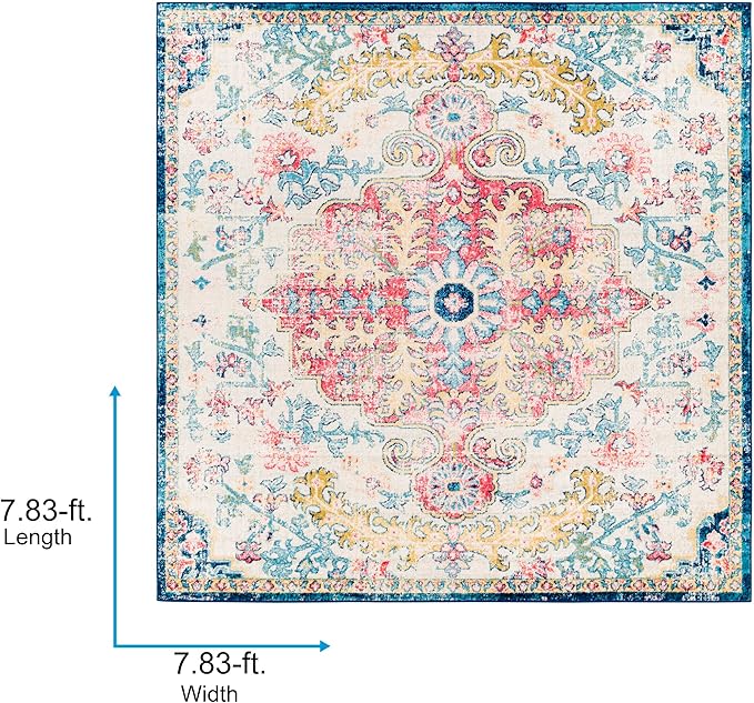 Livabliss Area Rugs - 8x8 Odelia Vintage Boho Aqua Burgandy Blue Square Area Rug for Living Room Bedroom - Floral Medallion Stain Resistant Carpet for Kitchen, Nursery, Office (7'10" Square)