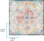 Livabliss Area Rugs - 8x8 Odelia Vintage Boho Aqua Burgandy Blue Square Area Rug for Living Room Bedroom - Floral Medallion Stain Resistant Carpet for Kitchen, Nursery, Office (7'10" Square)
