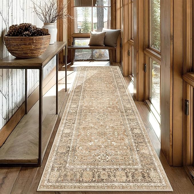 2.6x8 Runner Rug for Hallways Vintage Distressed Non Slip Long Carpet Floral Boho Distress Print Pattern Mat Lightweight Retro Accent Throw Carpet for Kitchen Bedroom Bedside Laundry Room﻿-Khaki