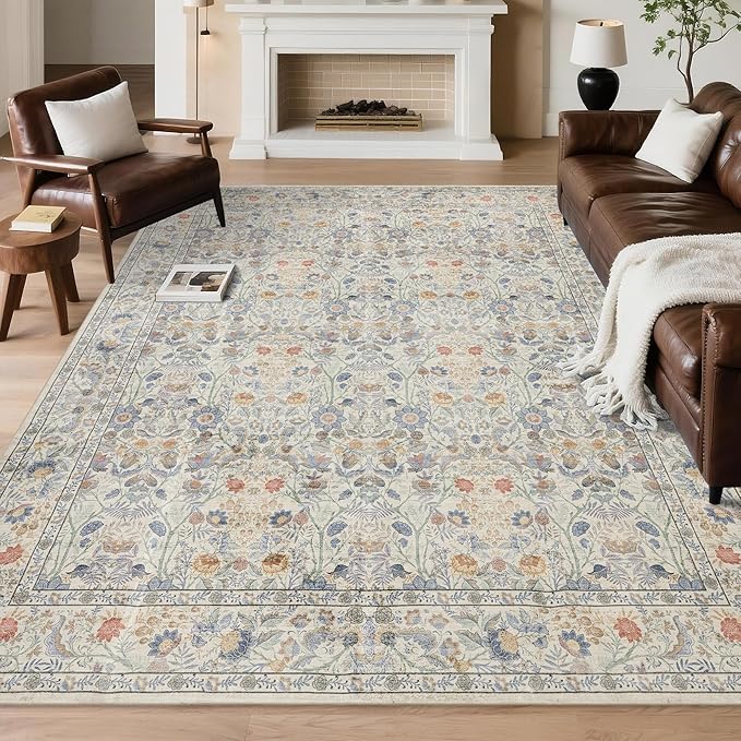 Washable Living Room Rug: 6x9 Boho Floral Soft Area Rug for Bedroom Decor - Vintage Low Pile Thin Carpet for Dining Room Non-Slip - Farmhouse Stain Resistant Rugs - Beige Blue