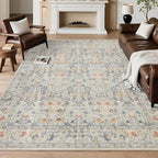 Washable Living Room Rug: 6x9 Boho Floral Soft Area Rug for Bedroom Decor - Vintage Low Pile Thin Carpet for Dining Room Non-Slip - Farmhouse Stain Resistant Rugs - Beige Blue