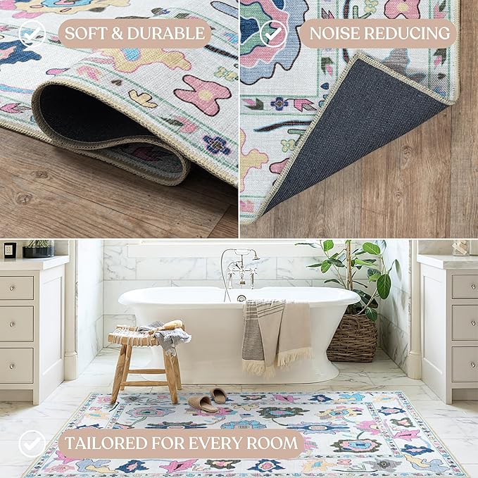 Fame Living Colorful Oushak Runner Rug, Modern Runners, Vintage, Turkish, Eclectic, Floral, Pastel, Washable, Runner for Hallway, Kitchen, Bedroom, Bathroom, 2'5"x9'8"