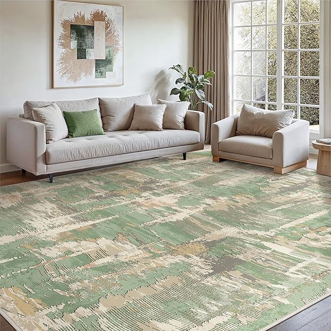 Washable Rug 8x10 Area Rug for Living Room Bedroom, Large Modern Abstract Rug Indoor Floor Carpets Low Pile No Shed Non-Slip with Rubber Backing Dining Room Kitchen Office (Green, 8'x10')