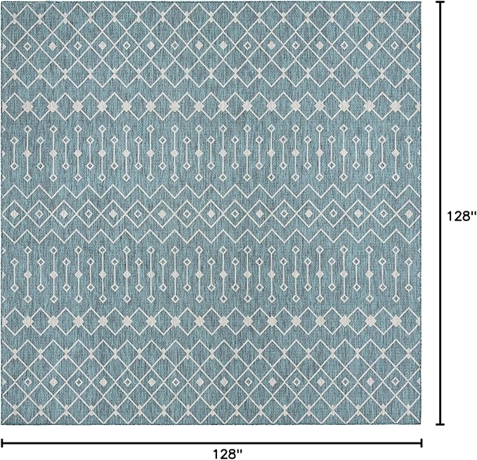 Unique Loom Outdoor Trellis Collection Area Rug - Tribal Trellis (10' 8" Square, Teal/ Ivory)