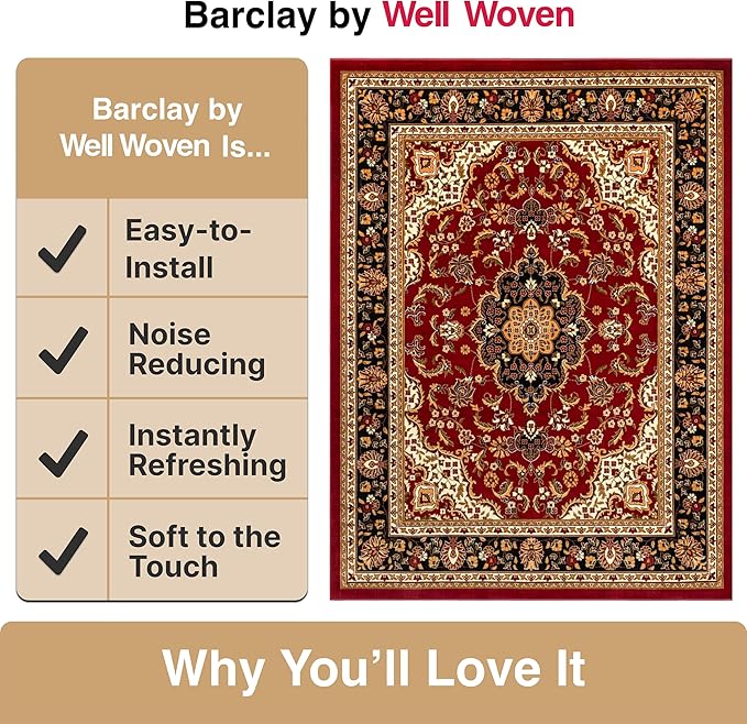 Well Woven Barclay Collection Medallion Kashan Red 5x7 (5'3" x 7'3") Area Rugs - Stain & Fade Resistant - Perfect Red Rug for Living Room, Bedroom, or Dining Room