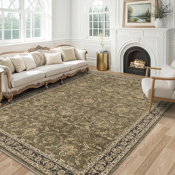 Washable Area Rug 6x9 Brown Rugs for Living Room, Vintage Boho Large Rug for Bedroom Dining Room Office, Distressed Floral Print Carpet for Under Table, Soft Non Slip Low Pile Throw Carpet Indoor Mat