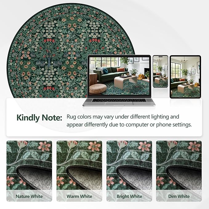 6' Round Area Rug - Floral Vintage Forest Washable Low Pile Non-Slip Carpet for Living Room, Bedroom, Dining Room, Office (Dark Green)