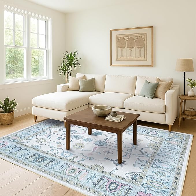 Fame Living Cream Green Oushak Runner Rug, Modern Runners, Vintage, Turkish, Eclectic, Floral, Pastel, Washable, Runner for Hallway, Kitchen, Bedroom, Bathroom, 2'5"x9'8"