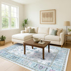 Fame Living Cream Green Oushak Rug, Modern, Vintage, Turkish, Eclectic, Floral, Pastel, Washable, Area Rugs for Living Room, Dining, Bedroom, Office, Entryway, Foyer, Playroom, Nursery, 5'x6'9"