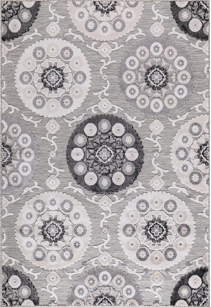 CAMILSON Indoor Outdoor Rug 8x10 Bohemian Medallion Floral Area Rugs for Indoor and Outdoor Patios Easy-Cleaning Non-Shedding Living Room Garden and Kitchen Washable Outside Carpet (8 x 10 / Gray)