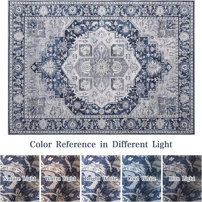 DUKINO 8x10 Rugs for Living Room, Vintage Non-Slip Washable Area Rugs, Faux Wool Bedroom Rug with Non-Shedding, Indoor Low-Pile Boho Rugs for Dining Room, Farmhouse, Blue