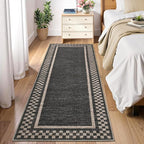 Washable Runner Rug 2x10 Modern Bordered Hallway Runner Rug Non Slip Kitchen Throw Carpet Checkered Bathroom Entryway Runner Rugs Low Pile Solid Area Rugs for Living Room Bedroom Nursery Sink, Black