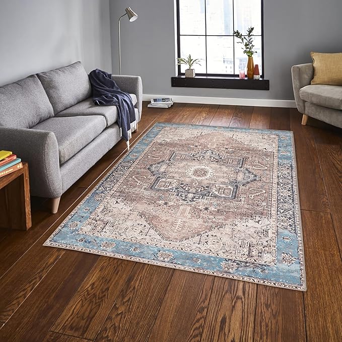 GLN Rugs Traditional Collection - Machine Washable Area Rug, Traditional Washable, Non Slip, Low Pile Chenille Rug, Living Room, Bedroom, Kitchen Rug (8' x 10' Brown/Blue)