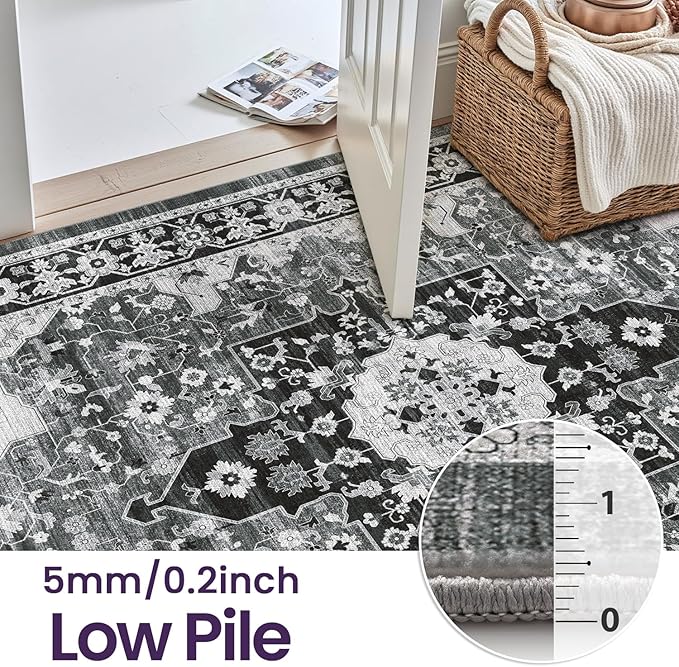 DEXI 9x12 Area Rug for Living Room, Washable Vintage Farmhouse Thin Rug Indoor Floor, Non Slip Stain Resistant Low Pile Carpet for Dining Room Bedroom Office, White Grey