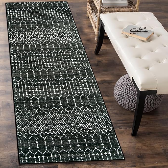 Lahome Moroccan Black Rug 2x8 Washable Non-Skid Kitchen Floor Runner, Low-Profile, Non Slip, Geometric Print Distressed Entryway Runner for Hallways, Laundry Room, Foyer