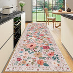 DUKINO 3x10 Runner Rug for Hallway, Washable Kitchen Floral Runner Rug with Non Slip Backing, Low Pile Soft Boho Carpet for Kitchen, Hallway, Entryway, Laundry, Bedroom, Beige
