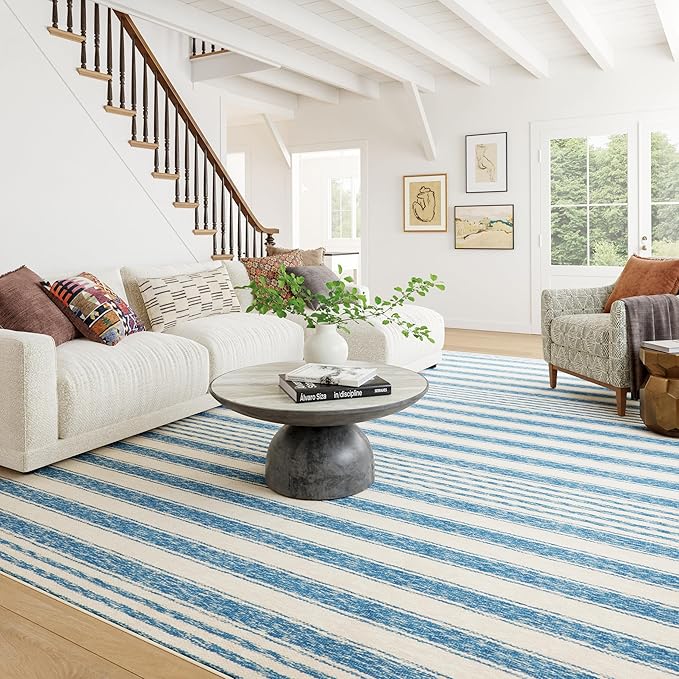 Dash & Albert Vion Blue Machine Washable Rug, Runner-2.5 X 8 Feet, Blue/Grey Stripe Pattern