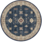 RUGGABLE Washable Vintage Area Rug – Verena Sapphire 8 ft Round, Stain-Resistant, Non-Slip – Large Machine Washable Rugs for Living Room, Bedroom, Hallway, Entryway & Office–with Cushioned Pad