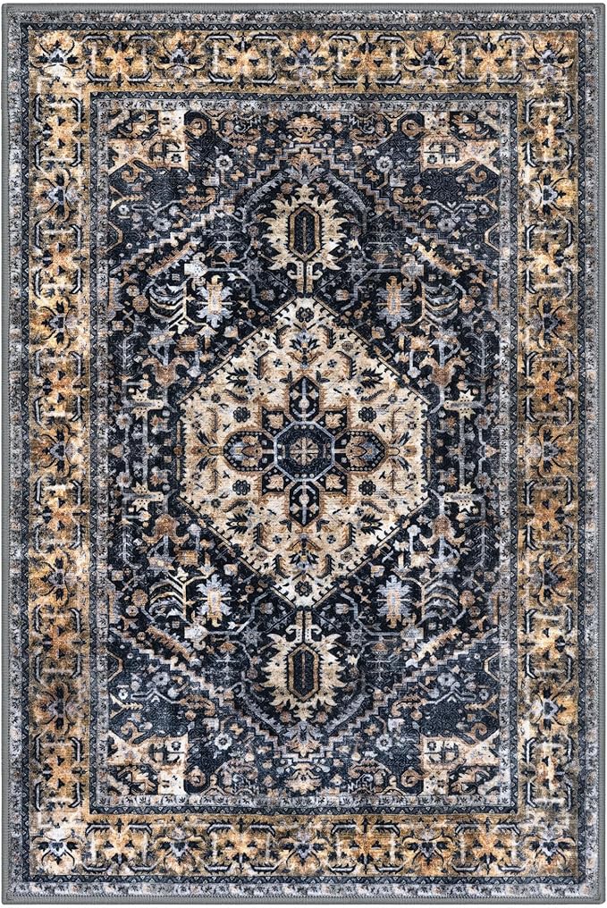 KOZYFLY Boho Area Rug 5x7 Ft Thin Rugs for Living Room Washable Bedroom Rug Non Slip Rugs Gold Navy Printed Faux Wool Vintage Bedroom Rug Floor Carpet for Dining Room Living Room