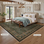 Bavni Washable Rugs 8x10-Machine Washable Rug Lightweight Low Pile, Vintage Floral Rug Non-Shedding Distressed Throw Carpet for Living Room Bedroom Office, Dark Green/Multi